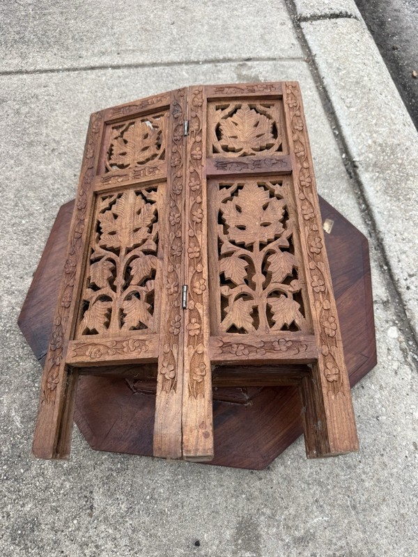 Antique Octagonal Carved Wooden Folding India Side Table 18x18 gallery