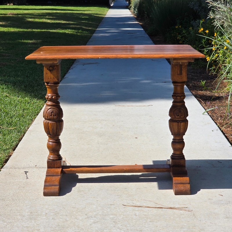 Antique Refectory Trestle Table Tiger Oak 1920s Jacobean Carved Small Desk 24"H gallery