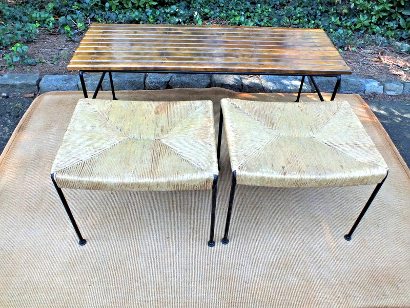MCM Arthur Umanoff Bench with Iron Base and Two Nesting Stools gallery