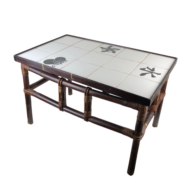 John Wisner for Ficks Reed Asian Modern Side Table White Decorated Tile Top gallery