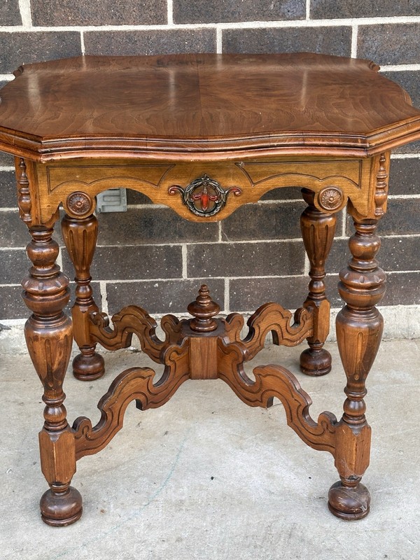 1920s Victorian Revival Carved Wood Side Table Ornate Legs Red Medallion