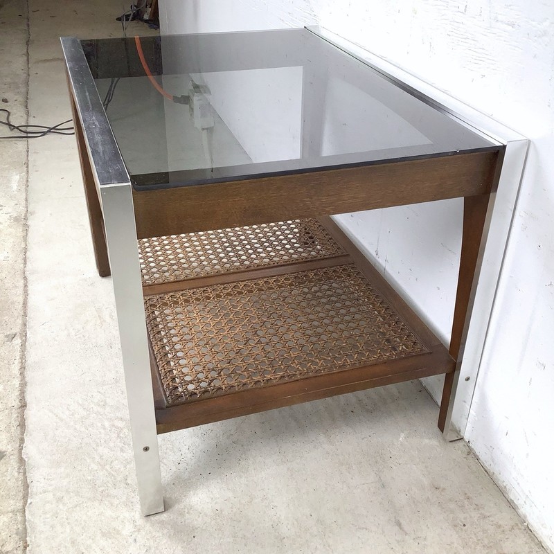 Vintage Lane Two-Tier Side Table, Smoked Glass Top, Cane Shelf gallery