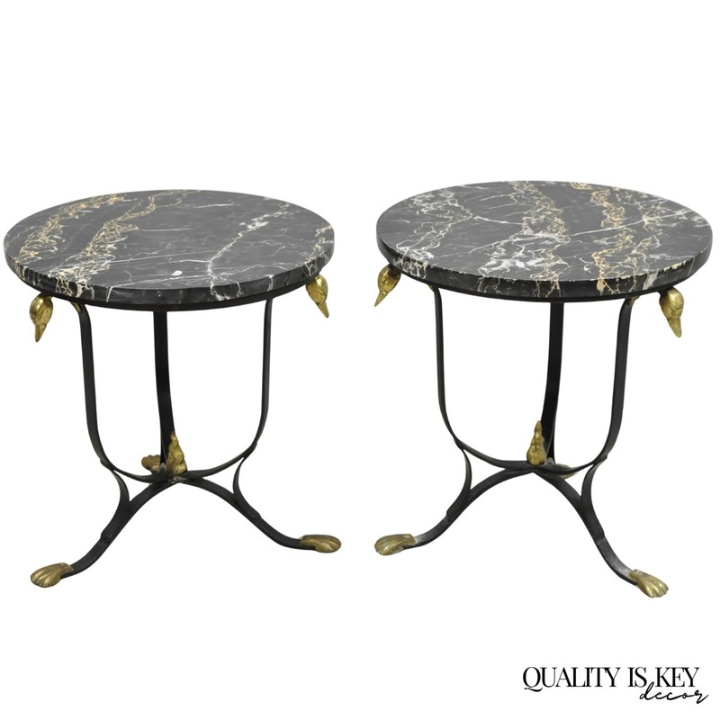 Italian Regency Round Marble Top Wrought Iron Brass Swan Low Drink Table – Pair