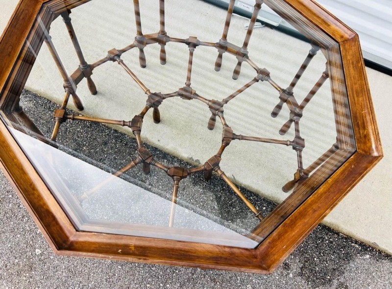 Vintage RARE Octagonal Coffee Table With Sunken Glass Top Dark Wood Spindle Legs gallery