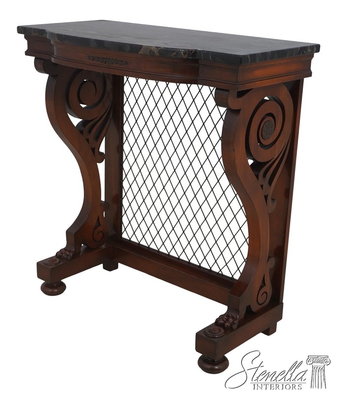 L68876: Vintage Marble Top Regency Style Cherry Petticoat Console Table