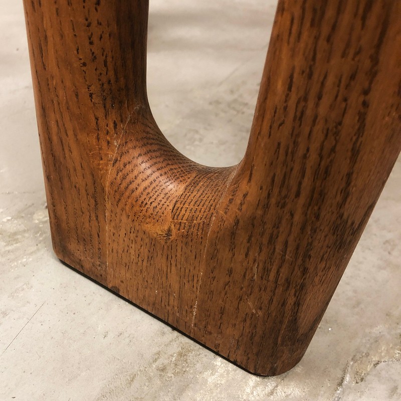 Vintage Lou Hodges-Style Round Solid Oak Side Table With Beveled Smoked Glass gallery