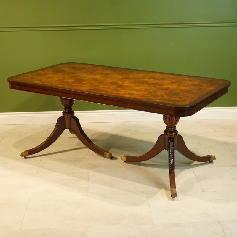 70 inch Duncan Phyfe mahogany with burl 2 pedestal kitchen dining table