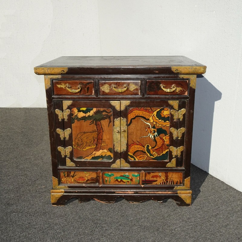 Antique Oriental Asian Hand Painted Side Table Cabinet End Table Brass Hardware