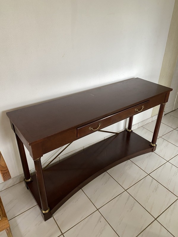 Ethan Allen Medallion Wood Console Table with Brass Accents and Drawer gallery