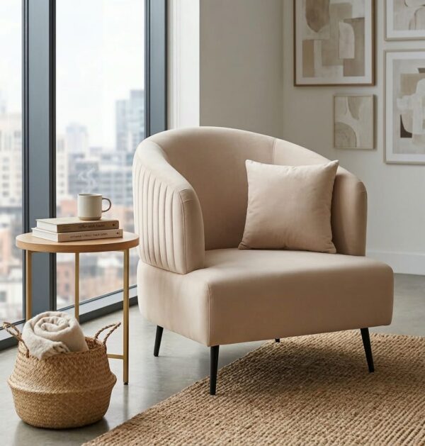 The Serene Shell Accent Chair Modern Beige Velvet Accent Chair with Channel-Tufted Arms